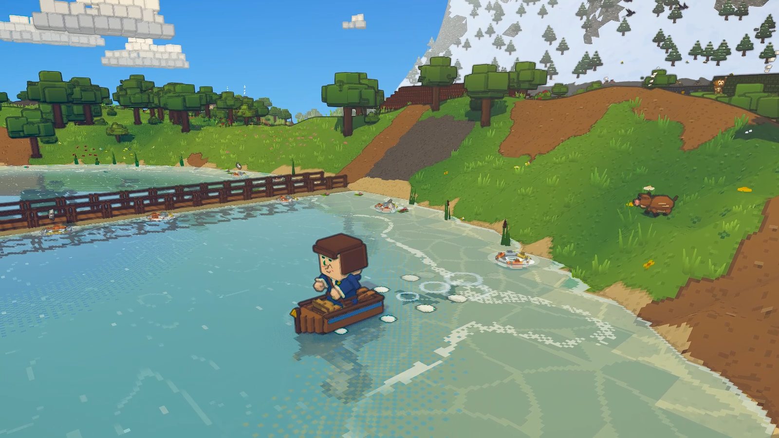 A player rowing a small wooden boat across the lake, a ripple of wake behind, the pier and green shores beyond.