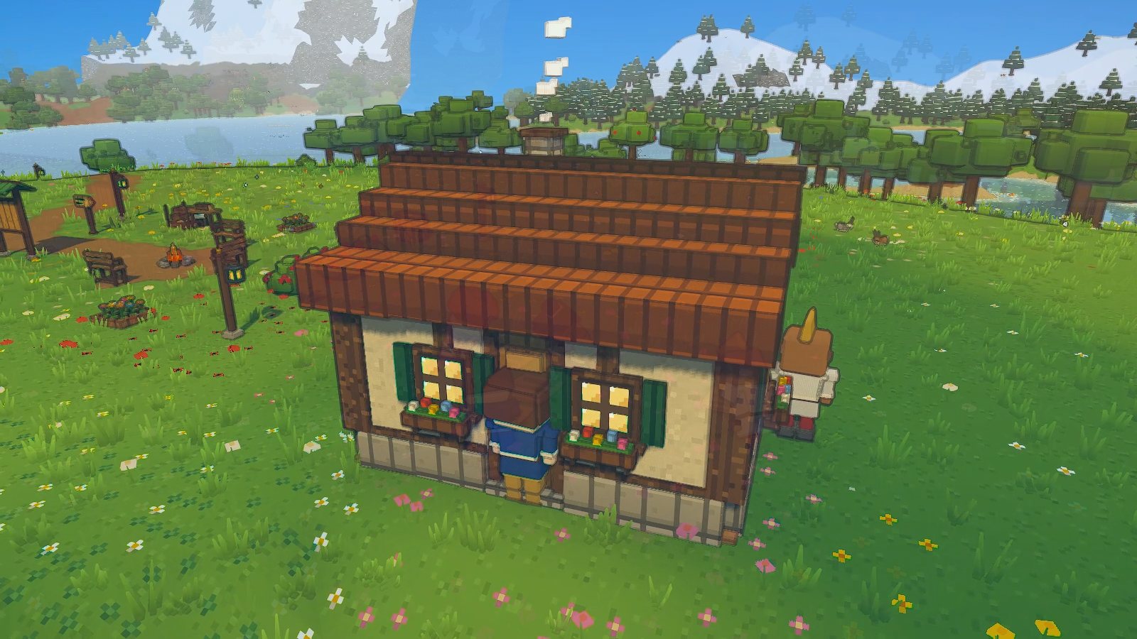 A little timber house with a door, windows and a shingle roof, built by four friends among the trees.