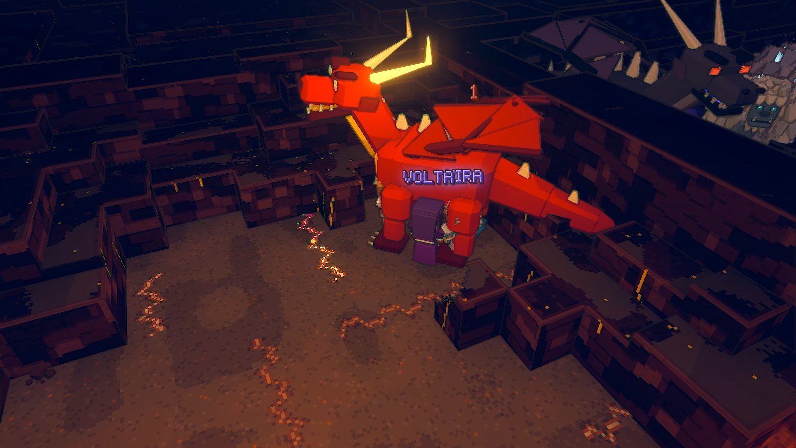 A party of adventurers fights a huge red dragon in its ember-lit lair, the spell words volta and kira in block letters over them.
