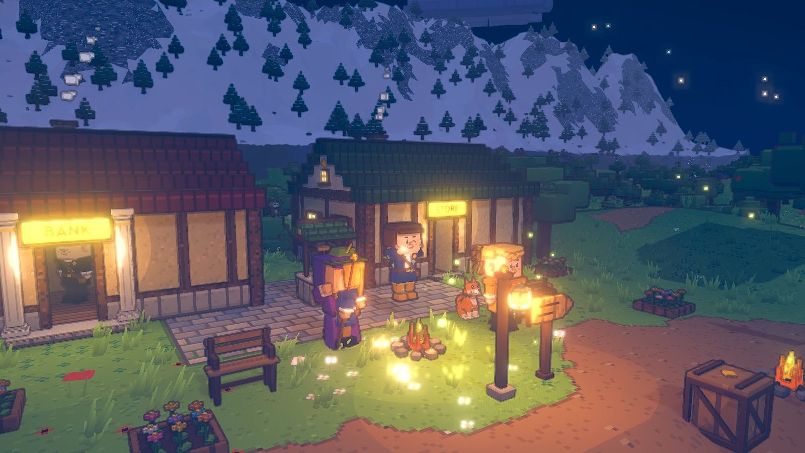 Night in Honeybrook: lantern light, glowing windows and a starry sky over the snowy peaks, and friends dancing round a campfire.
