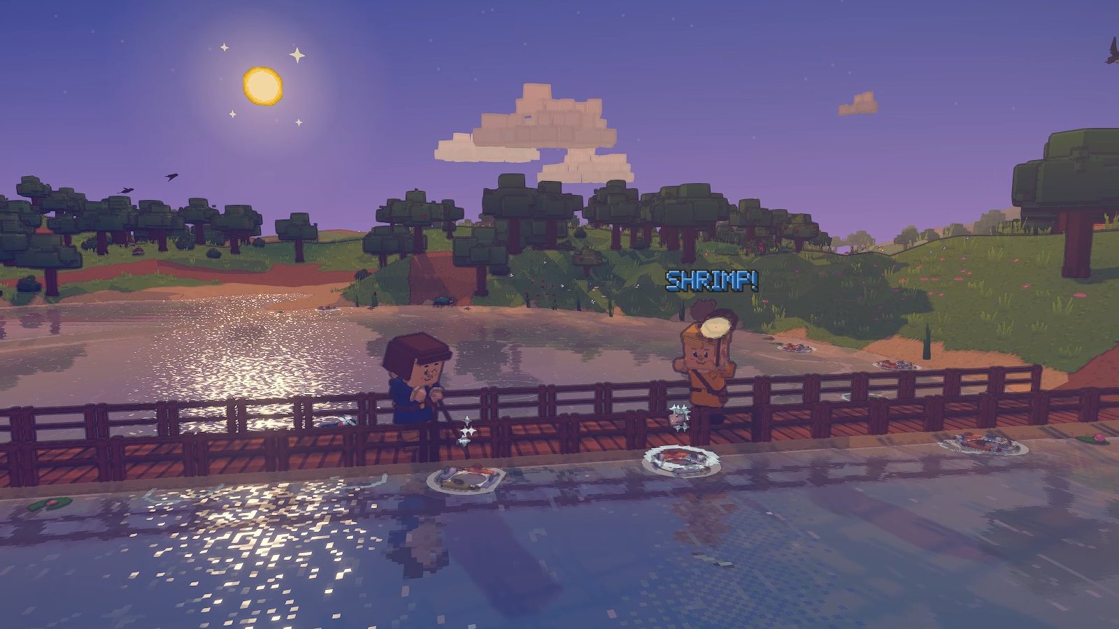 Two players fishing from the long wooden pier at sunset, the low sun glittering on the lake.