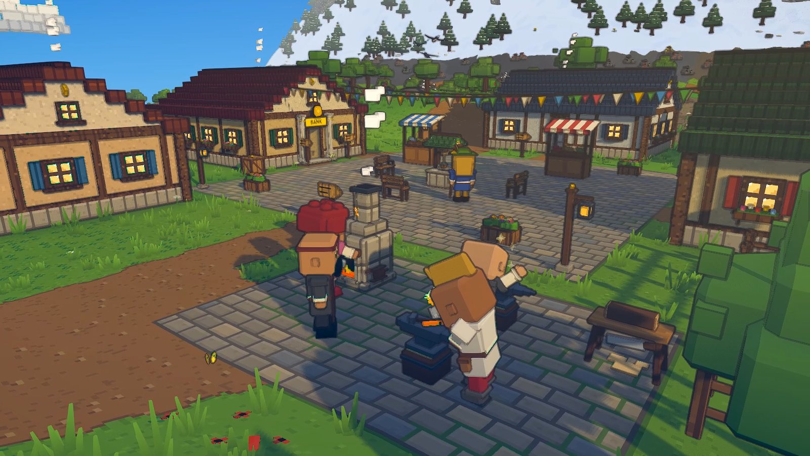 The town smithy in the morning: a player smelting ore at the furnace and two more hammering at anvils, sparks flying.