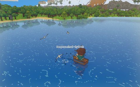 A player fishing from a wooden boat beneath circling gulls over a deep-sea shoal