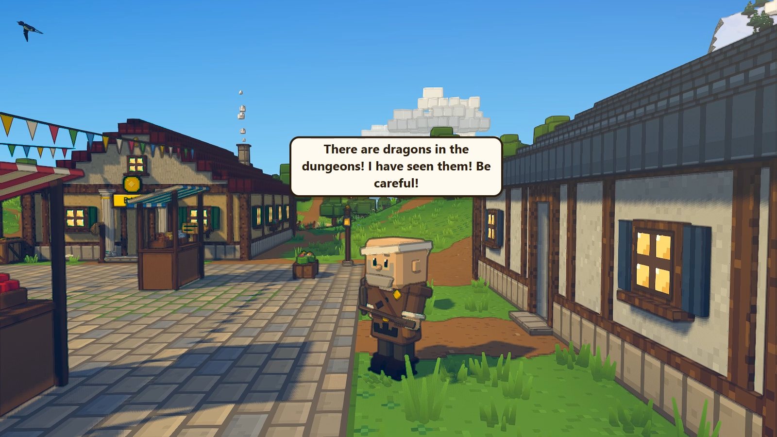 Old Tam on the road out of the town square, a speech bubble over his head.