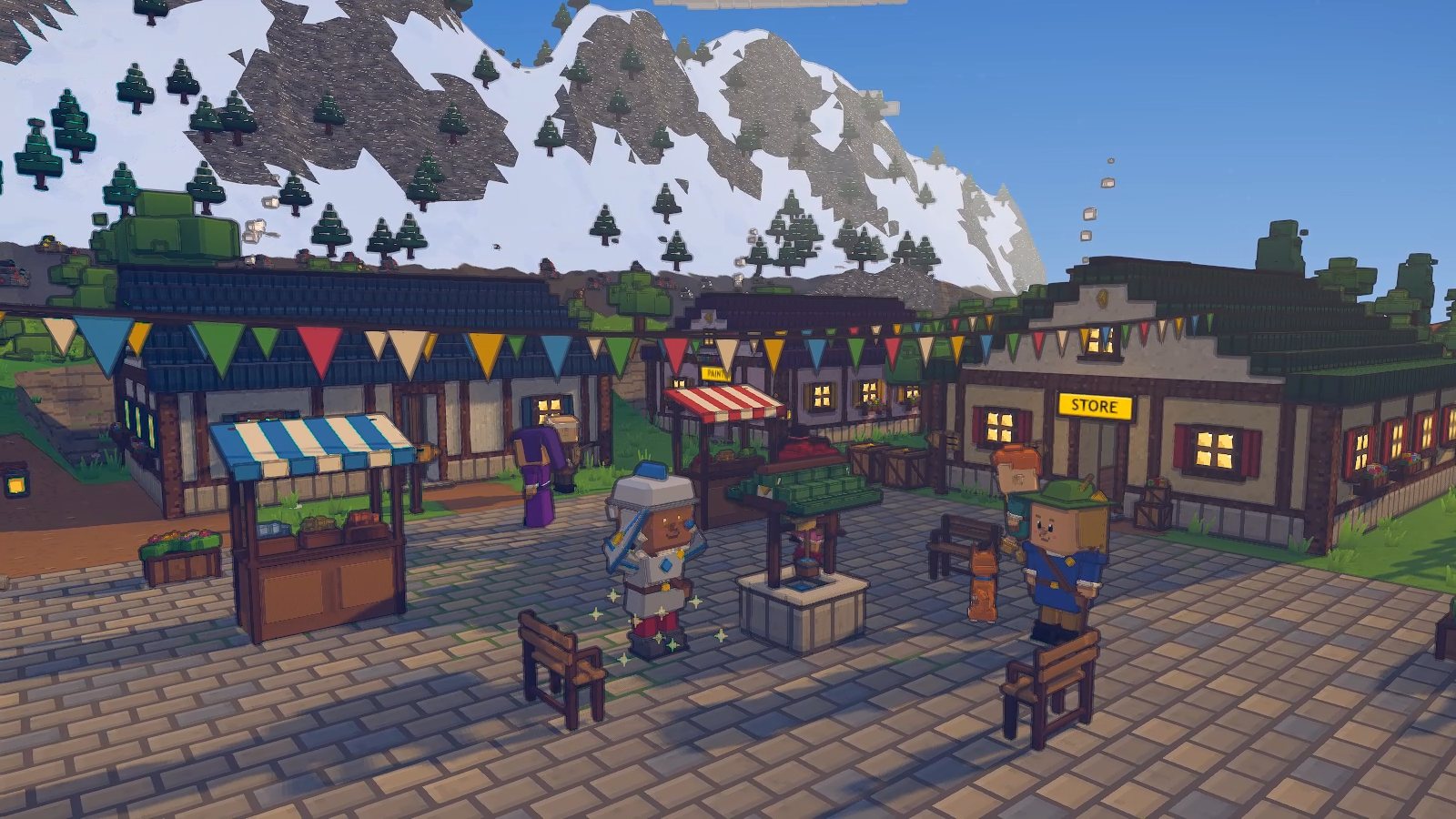 Morning on the town square in Pixlaria: market stalls and bunting, a knight in steel, players waving and a dog trotting by, with snowy peaks behind.